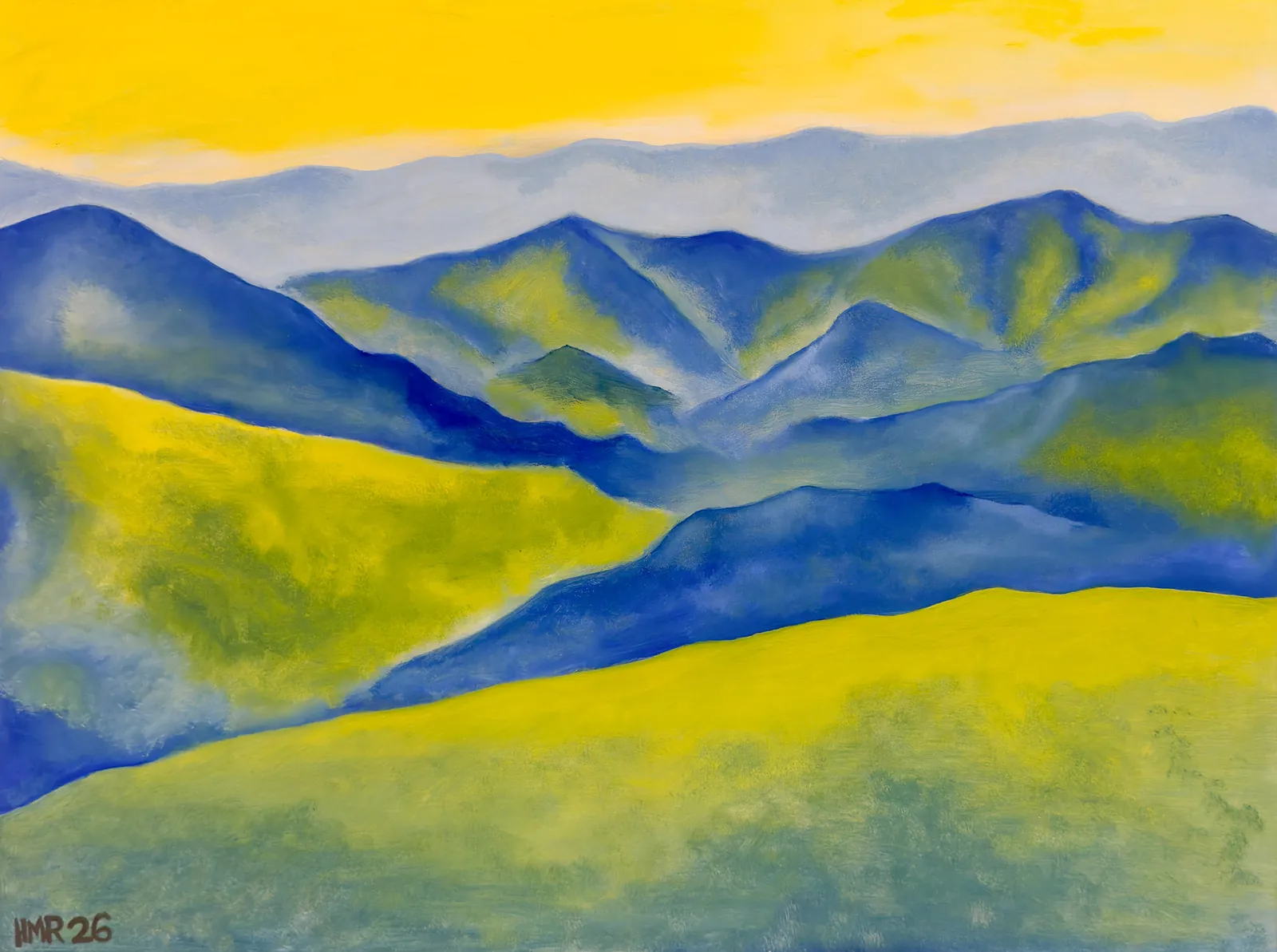 Layered blue mountain ranges receding under a yellow sky, with chartreuse fields in the foreground.