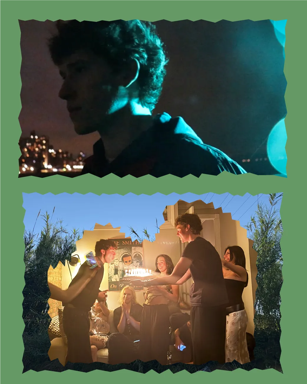A portrait lit in teal above a group gathered around a candlelit table, on a sage green ground.