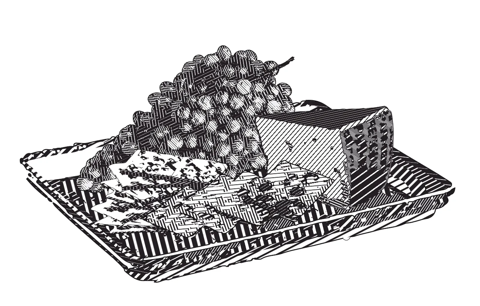 Menu illustration of grapes, cheese wedges and crackers on a tray, rendered entirely in dense black crosshatching and halftone lines.