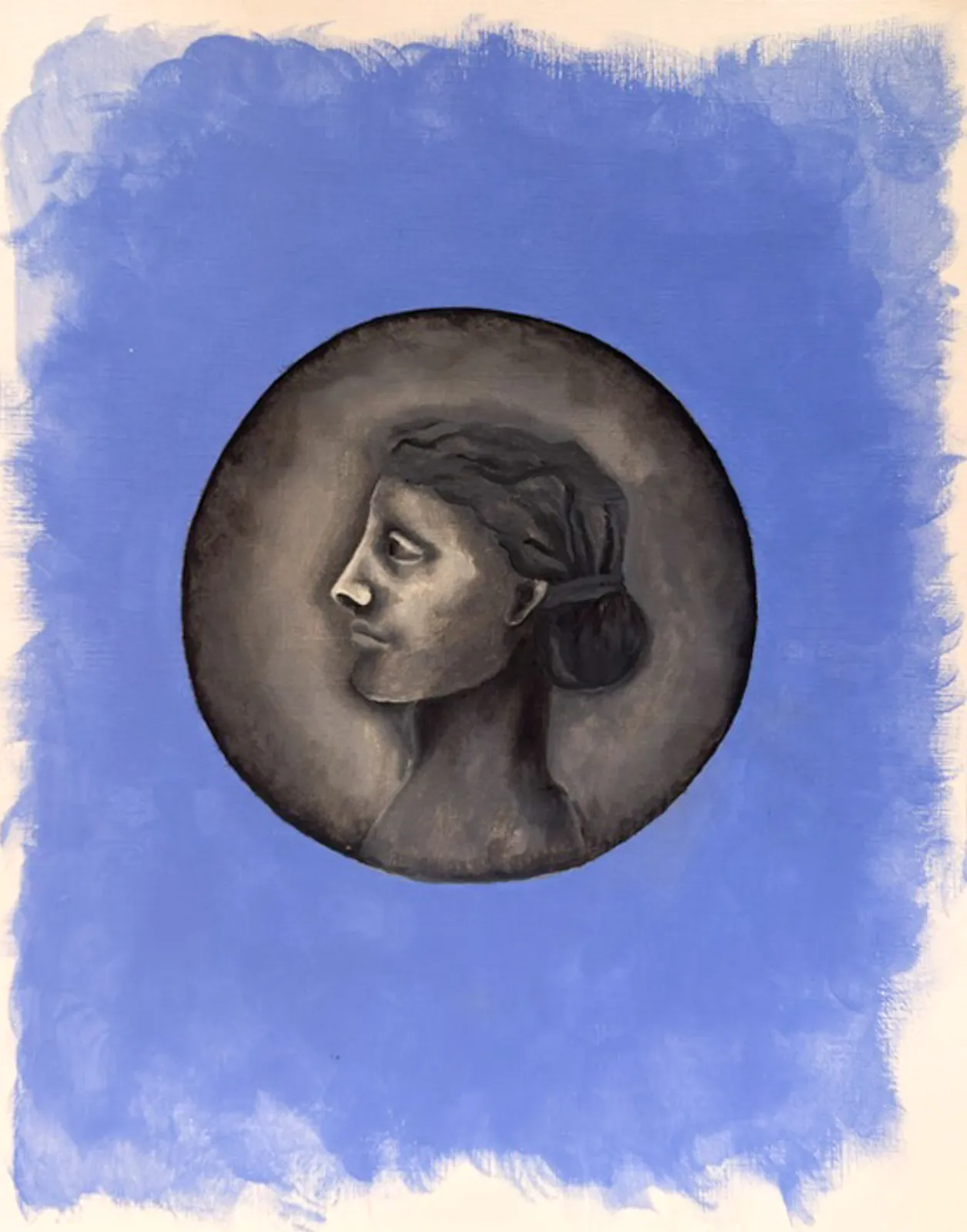 A classical profile portrait of a woman rendered in grey tones inside a circular medallion, set against a hand-brushed cornflower blue field.