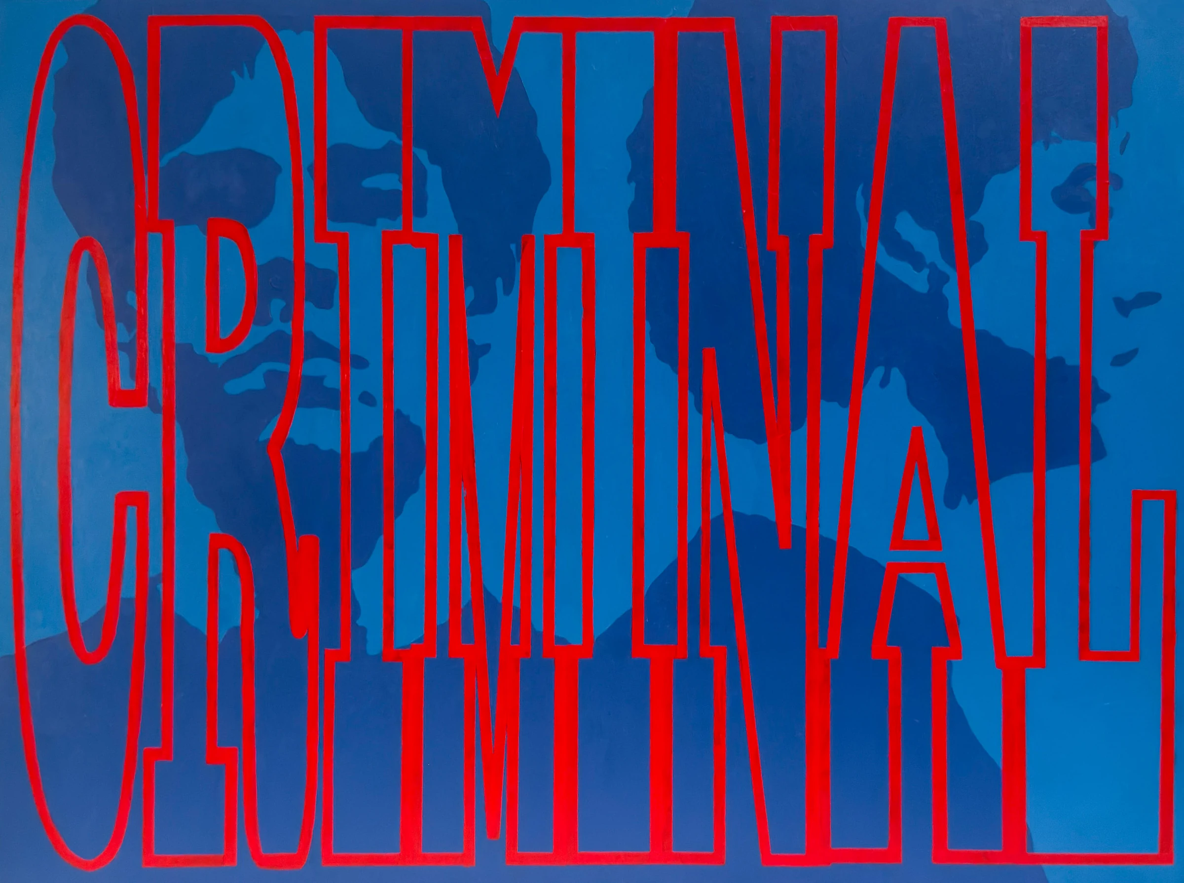 A two-tone blue portrait of a man overlaid with the word CRIMINAL repeated in tall red outlined letters.