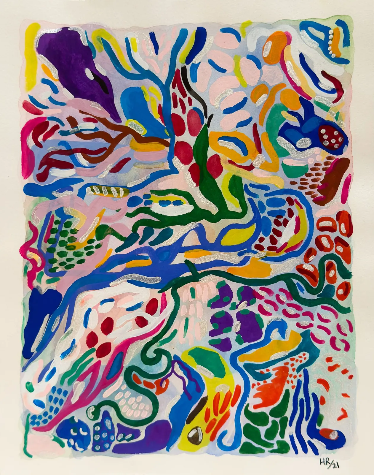 Abstract painting in metallic watercolor and gouache, in interlocking bands of blue, pink, green and orange.