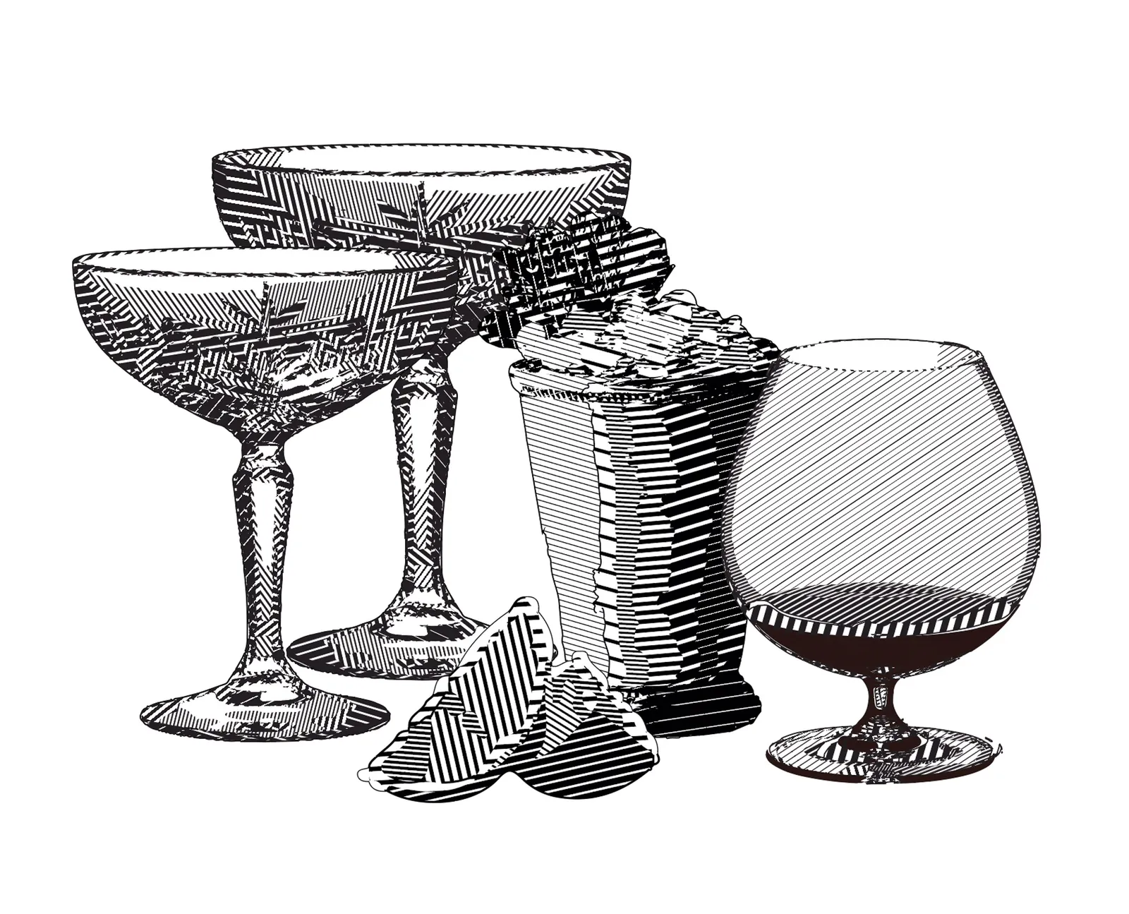 Menu illustration of coupe glasses, a tumbler and a brandy snifter with a citrus garnish, rendered entirely in dense black crosshatching and halftone lines.