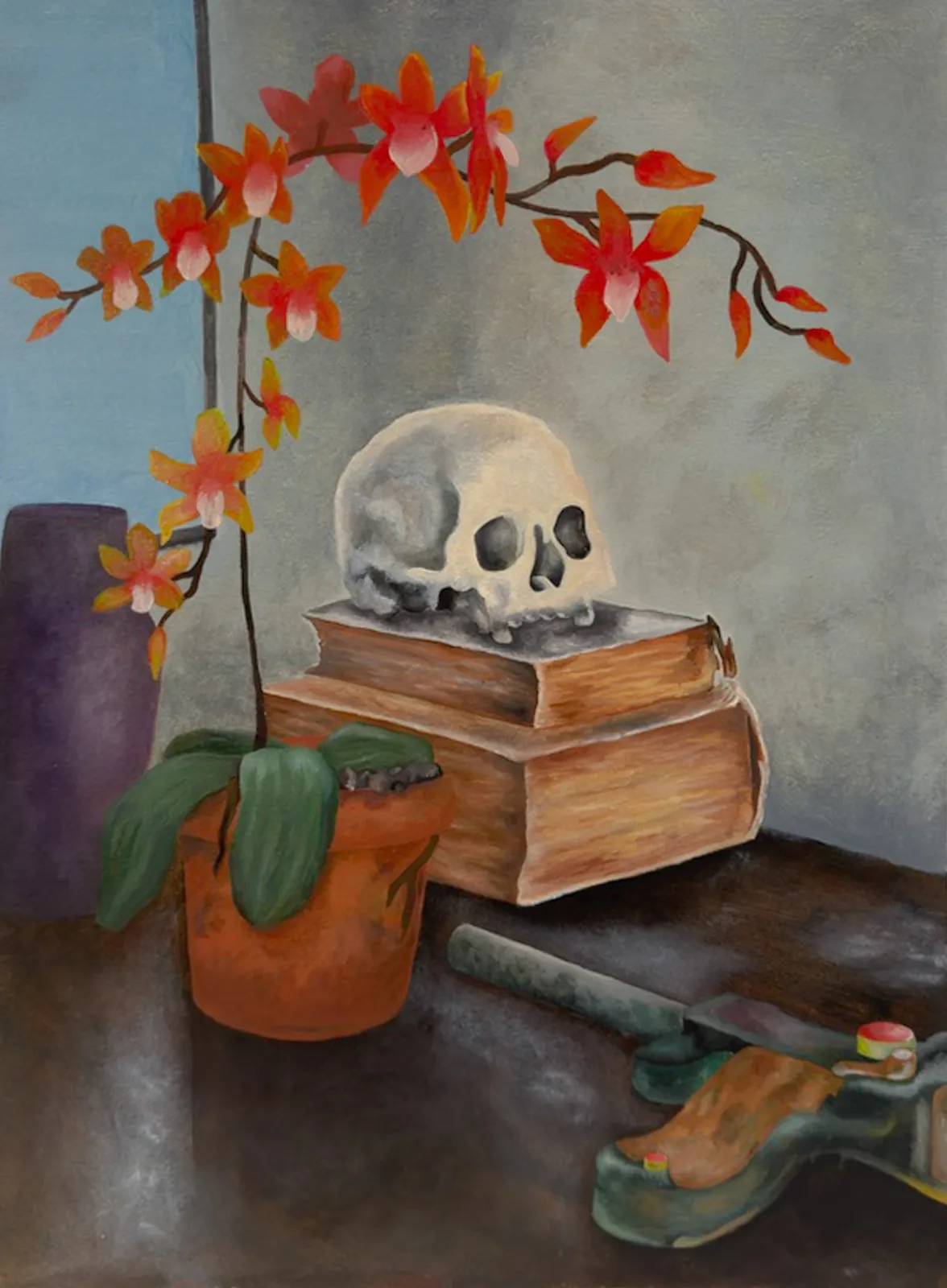 Still life painting of a skull resting on two stacked books, with a potted orange orchid arcing overhead.