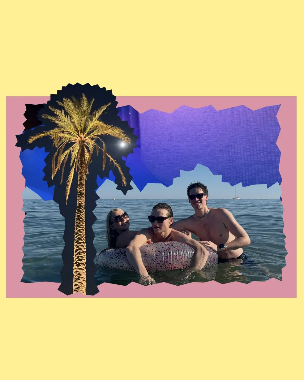 Three friends in the sea around an inflatable ring, with a cut-out palm tree and a purple night sky collaged above, on a pink and yellow ground.