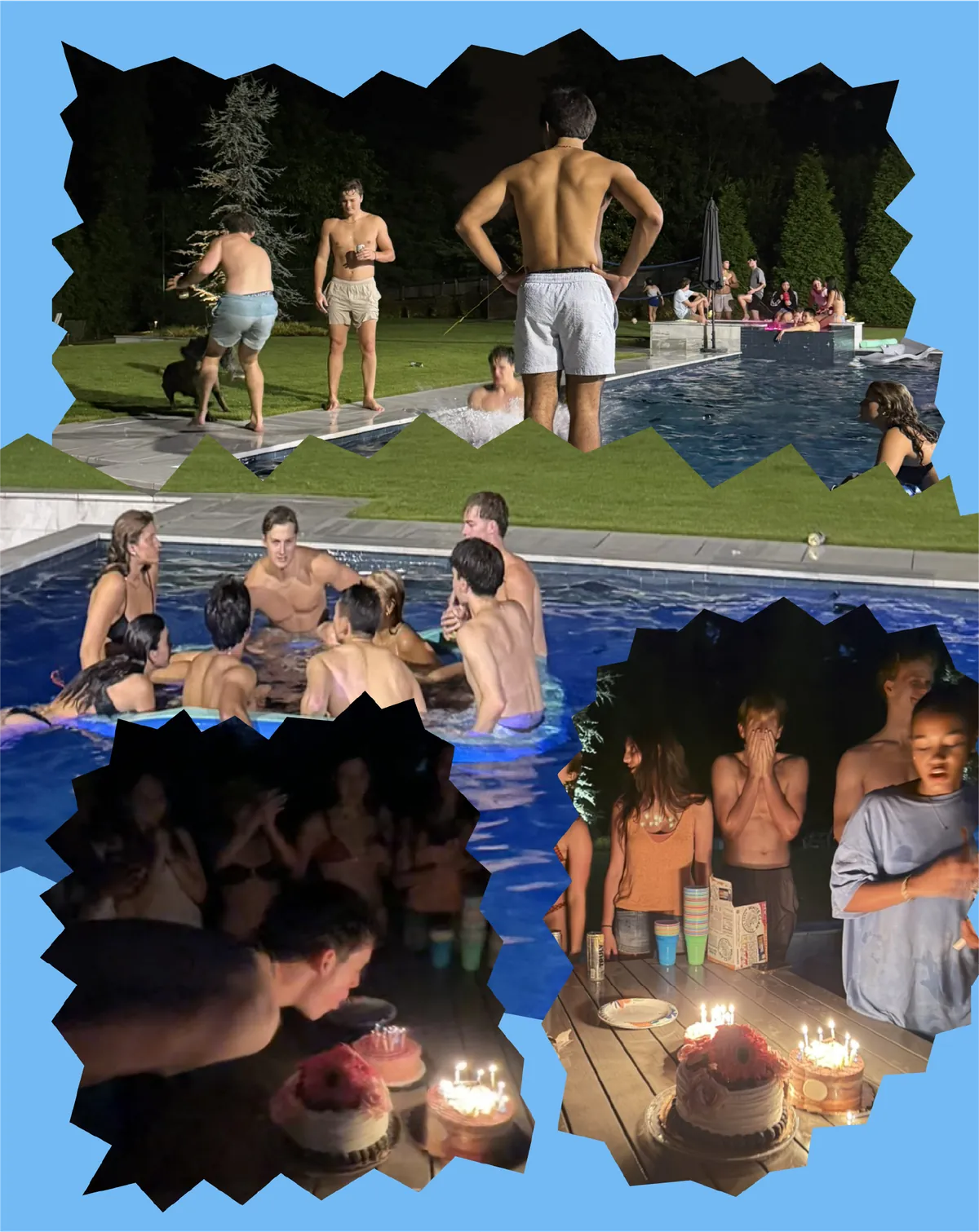Night pool-party snapshots layered together on a light blue ground: swimmers, a poolside crowd and birthday cakes lit with candles.