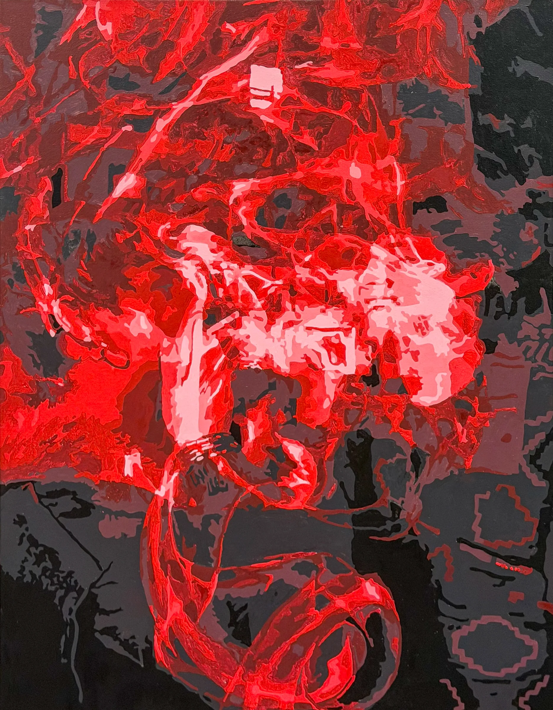 Large abstract painting in glowing reds and pinks over charcoal and black, a tangle of angular, cut-paper-like shapes built up in layers, with a pale pink mass at the centre and a looping red outline curling at the bottom.