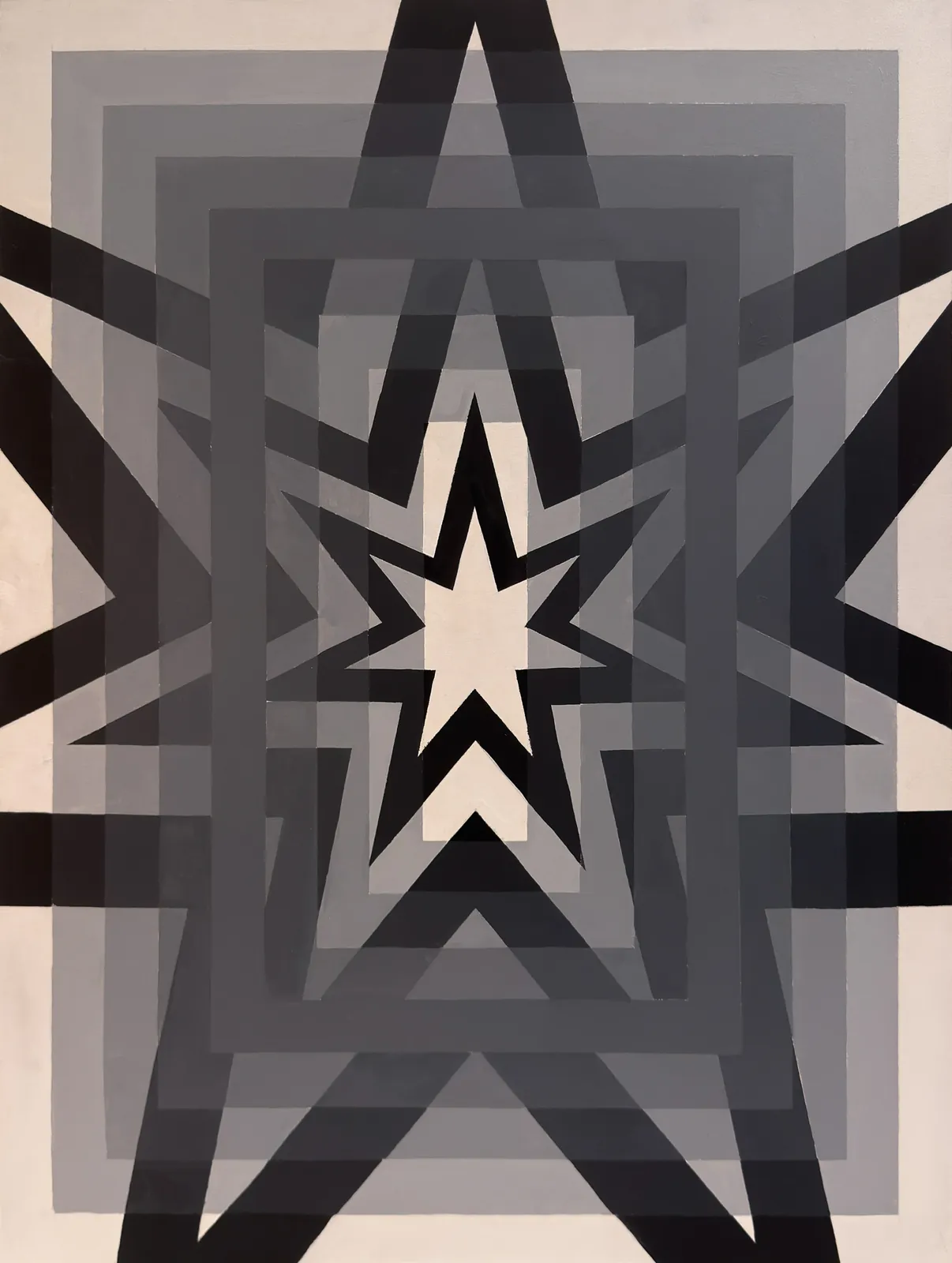 Hard-edge geometric painting of concentric eight-pointed stars and rectangles in overlapping greys, black and bone white.