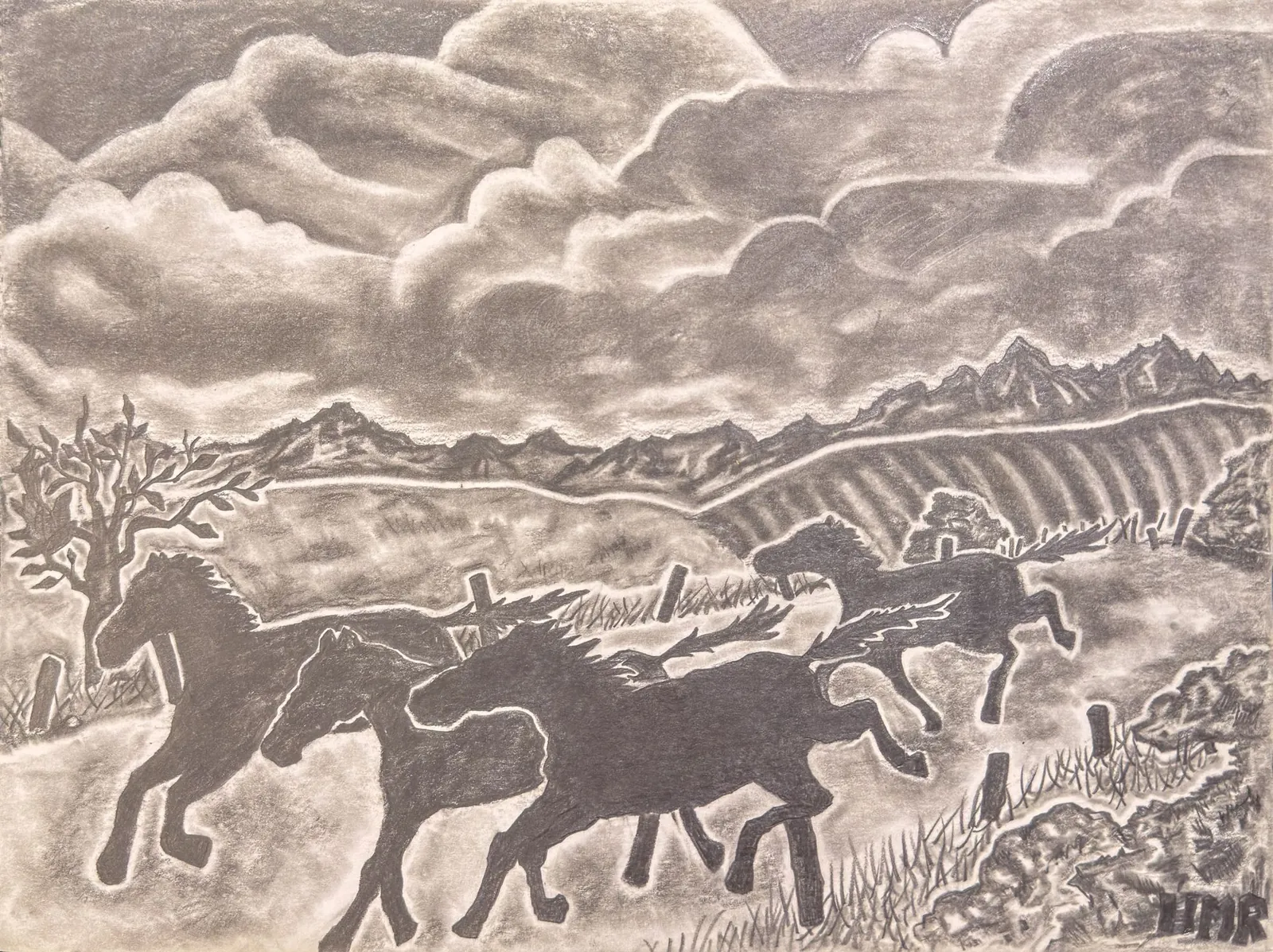 Graphite drawing of four horses galloping across open rangeland, with fence posts, distant mountains and heavy banked clouds above.
