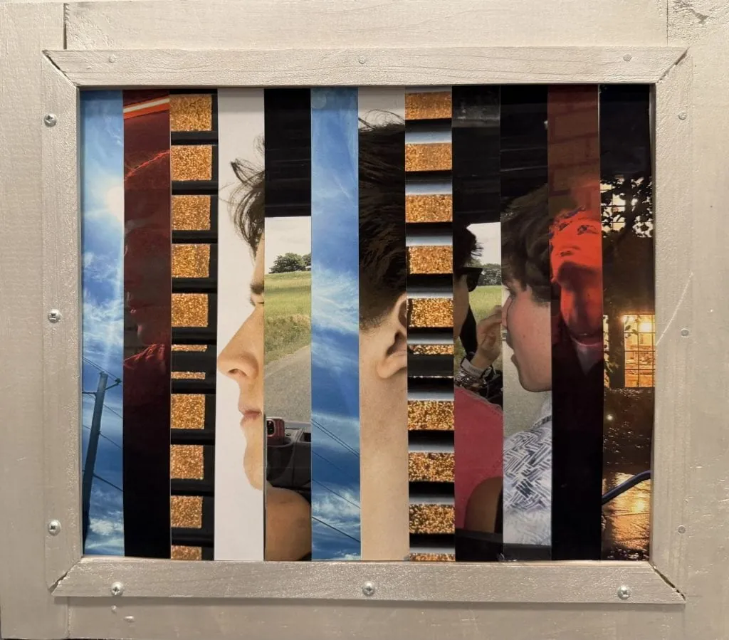 A hand-built wooden picture frame, painted metallic silver, holding five photographs cut into vertical strips and interleaved.