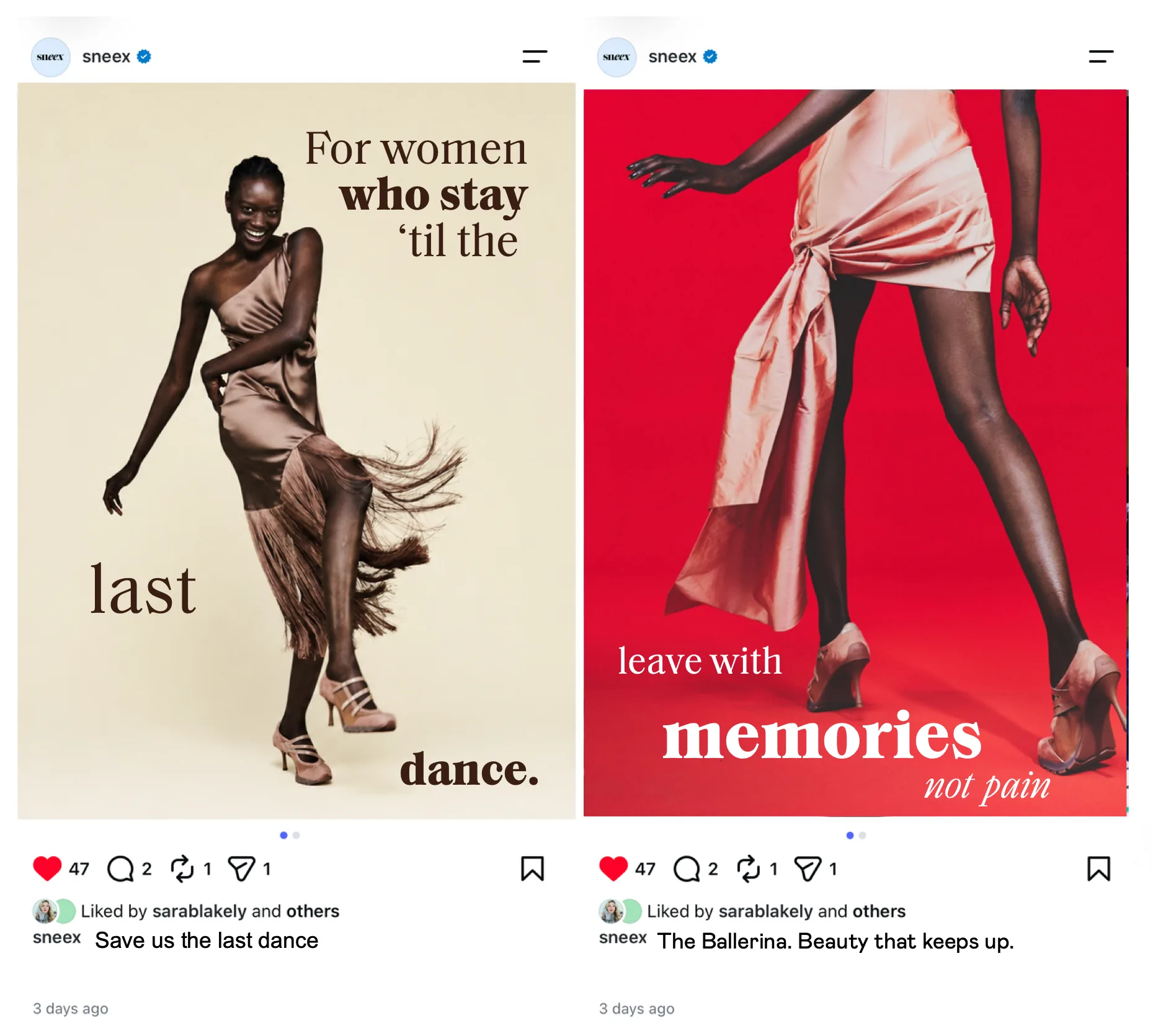 Two Instagram ads for The Ballerina: a dancer in a fringed dress with For women who stay ’til the last dance, and a red ad reading Leave with memories, not pain.