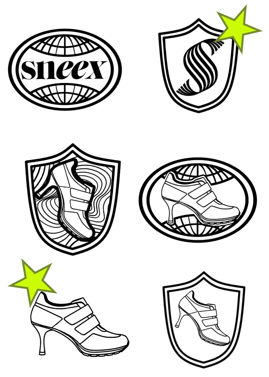 Six crest explorations in black line art: the Sneex wordmark in a globe oval, the spiral S in a shield, and heeled sneakers in shields and ovals, two marked with lime green stars.