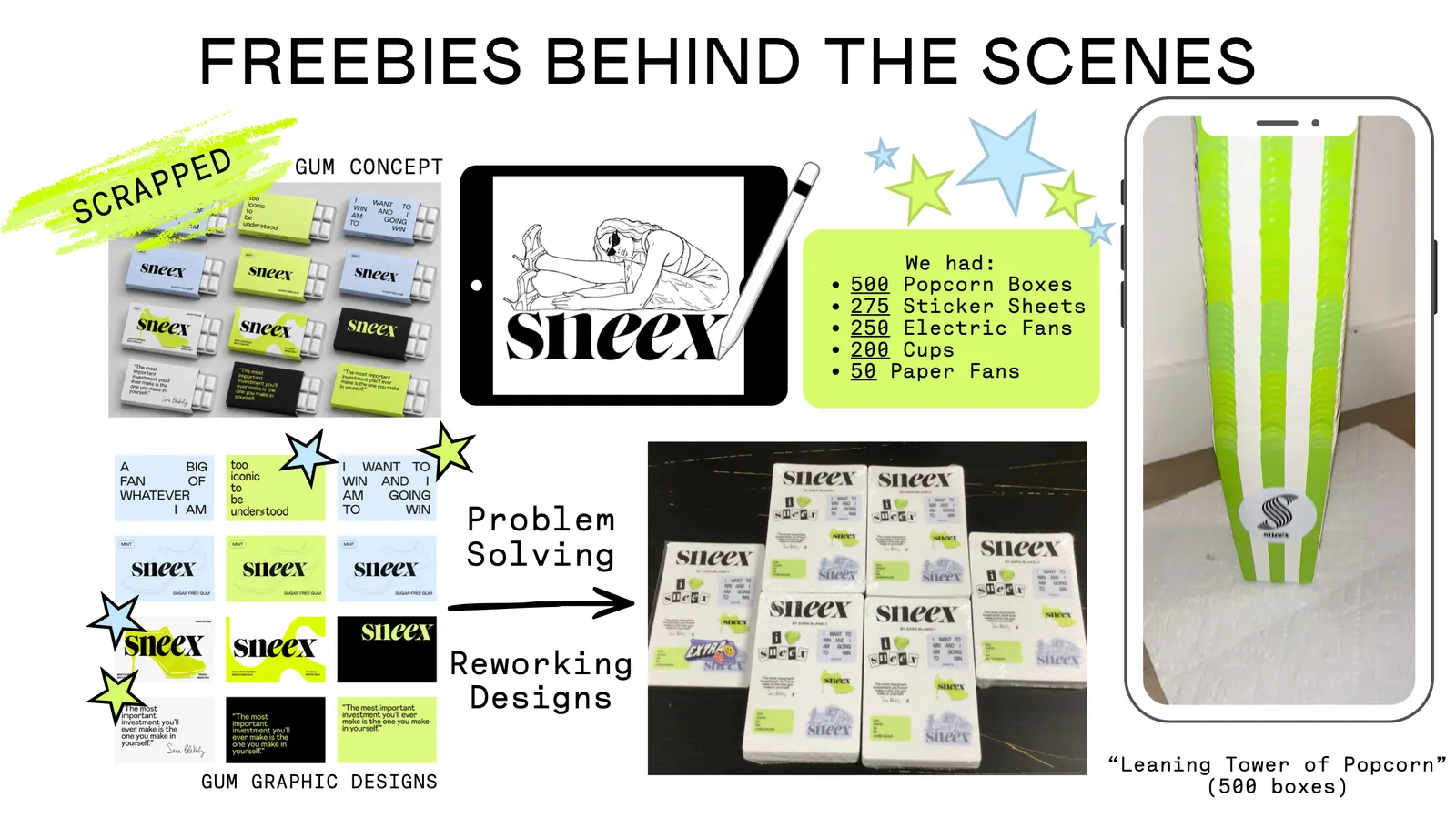 Collage of freebie designs: sticker sheets, popcorn boxes, fans and a scrapped gum concept, with a tower of 500 popcorn boxes.