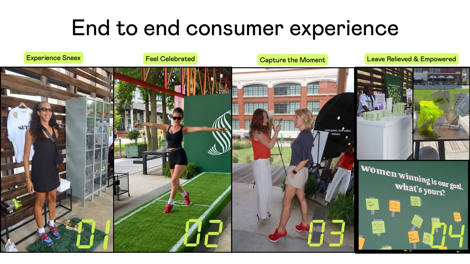Four photos from the activation numbered one to four: experience Sneex, feel celebrated, capture the moment, leave relieved and empowered.