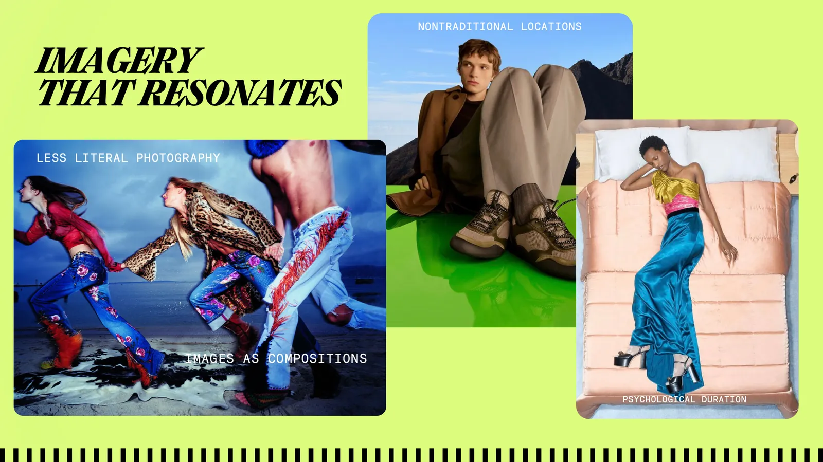 Slide titled Imagery that resonates, with three editorial images labelled less literal photography, images as compositions and nontraditional locations.