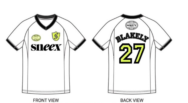 Front and back jersey mockup, the back reading BLAKELY 27 in lime green collegiate lettering with a black outline.