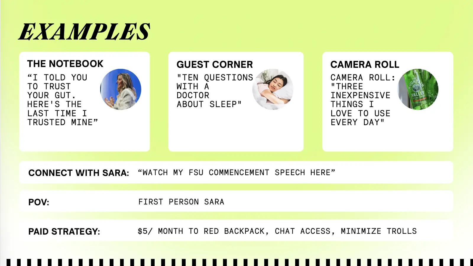 Slide titled Examples, showing sample post concepts written in Sara&rsquo;s voice for each proposed newsletter vertical.