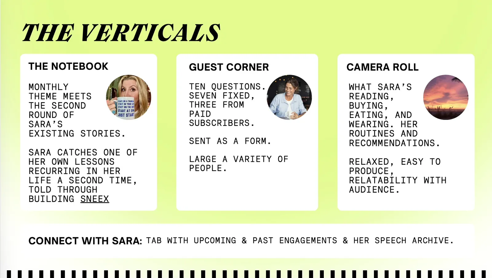 Slide titled The Verticals, outlining three proposed newsletter sections: The Notebook, Guest Corner, and Camera Roll.